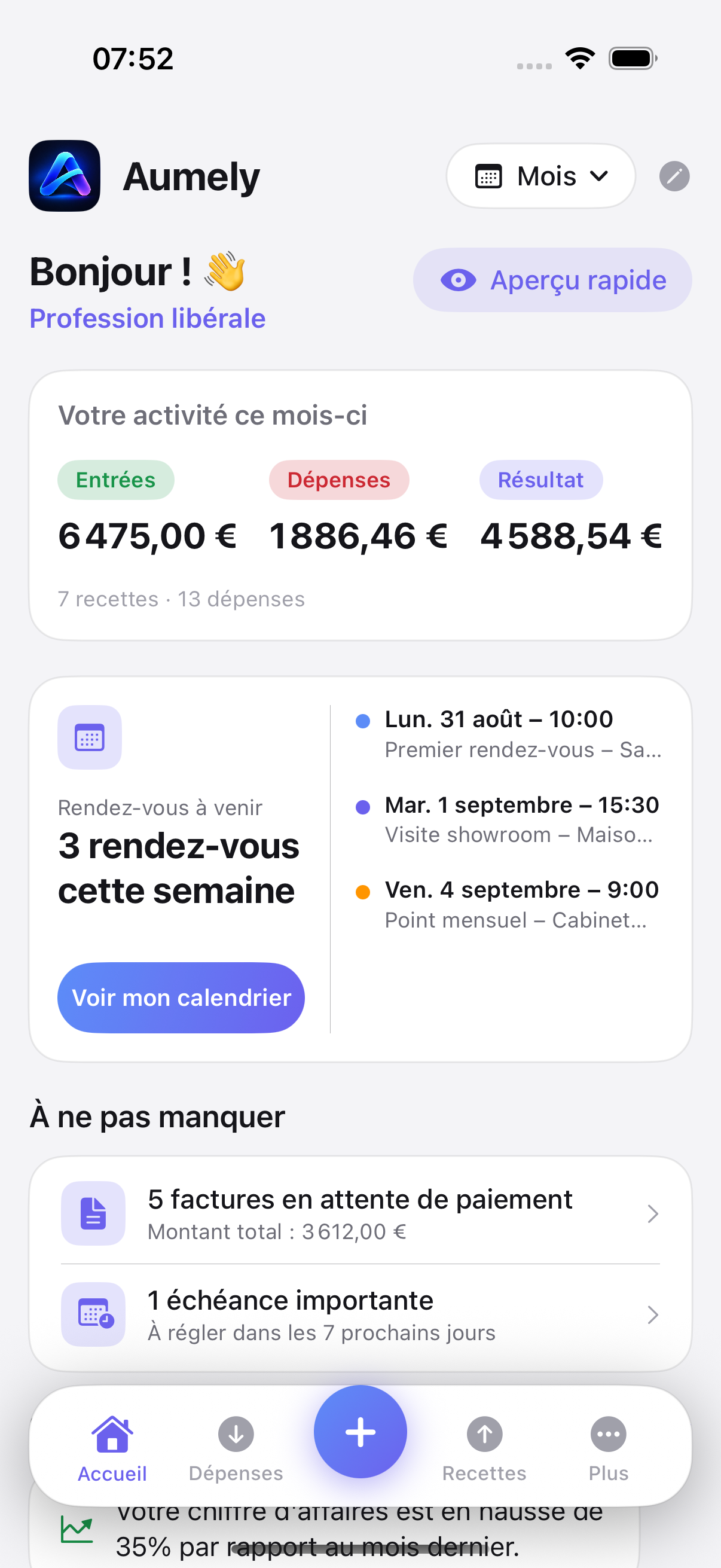 Écran d’accueil d’Aumely : entrées, dépenses et résultat du mois, rendez-vous de la semaine et factures en attente de paiement.