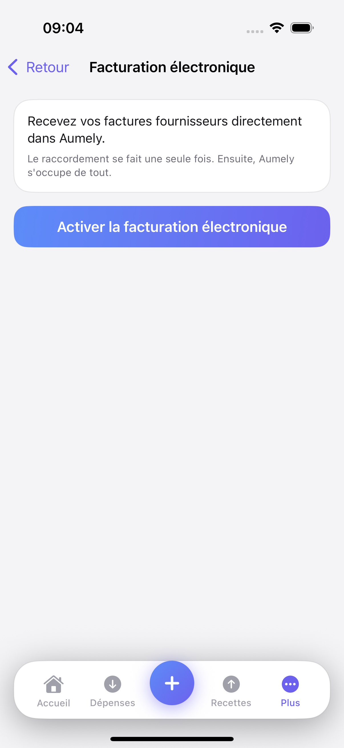 Écran Facturation électronique d’Aumely : recevez vos factures fournisseurs directement dans l’application.