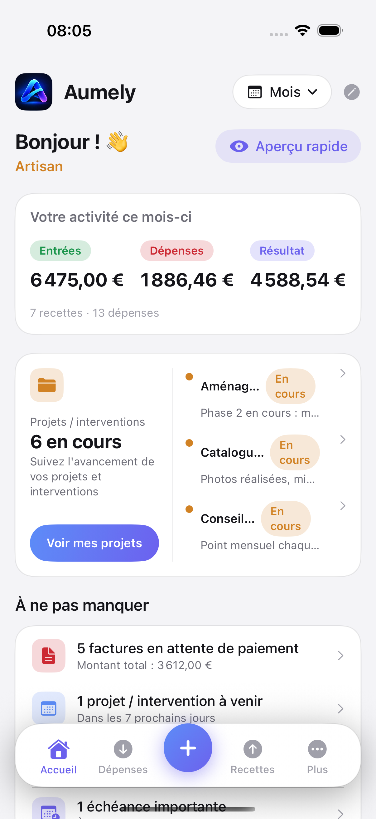 Accueil d’Aumely réglé sur le profil Artisan : activité du mois et suivi des projets et interventions en cours.