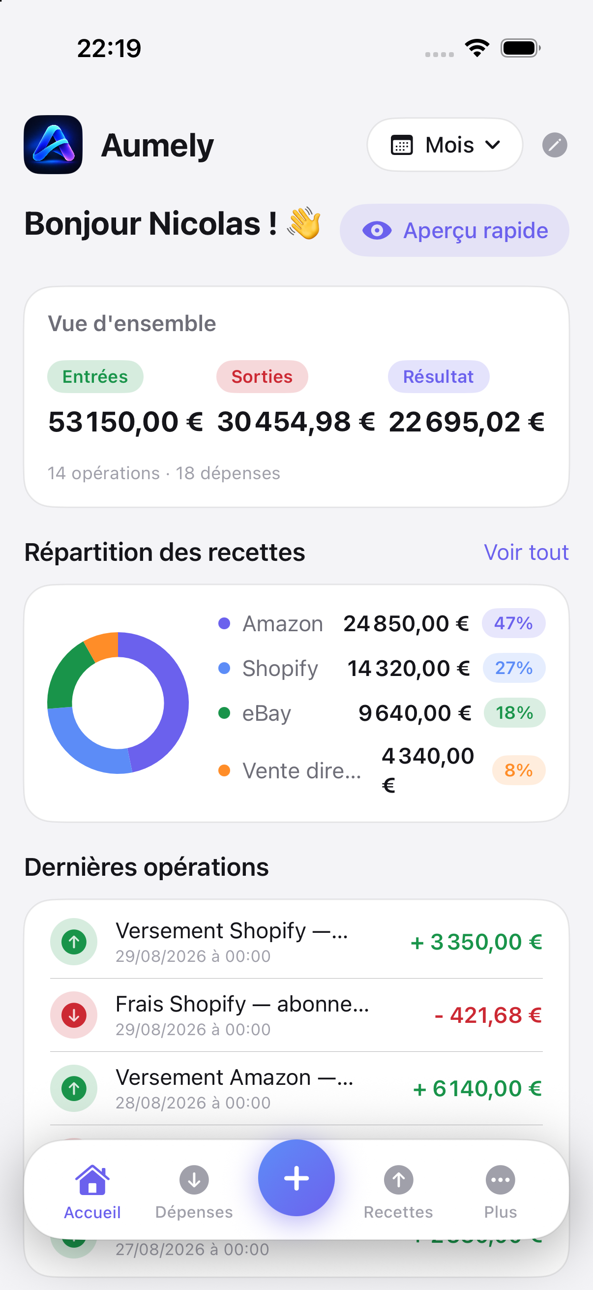 Accueil d’Aumely réglé sur le profil E-commerce : répartition du chiffre d’affaires entre Amazon, Shopify, eBay et la vente directe, et derniers versements de chaque plateforme.