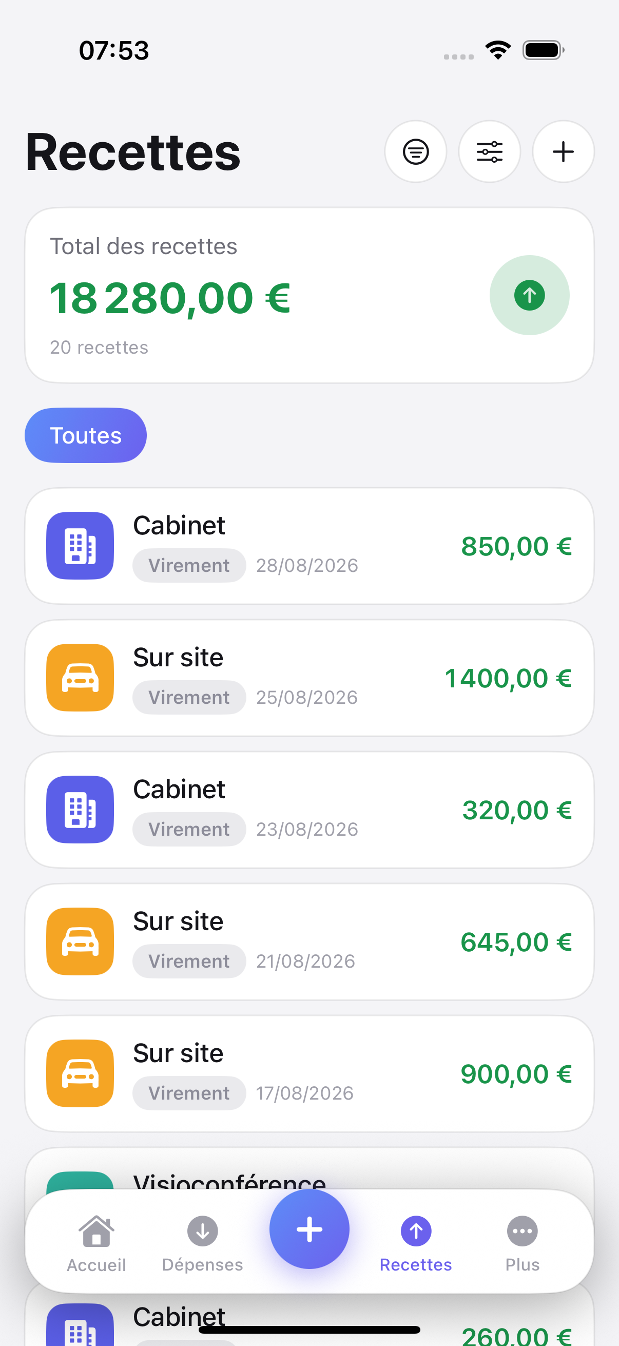 Écran Recettes d’Aumely : total des recettes et liste des encaissements par canal.