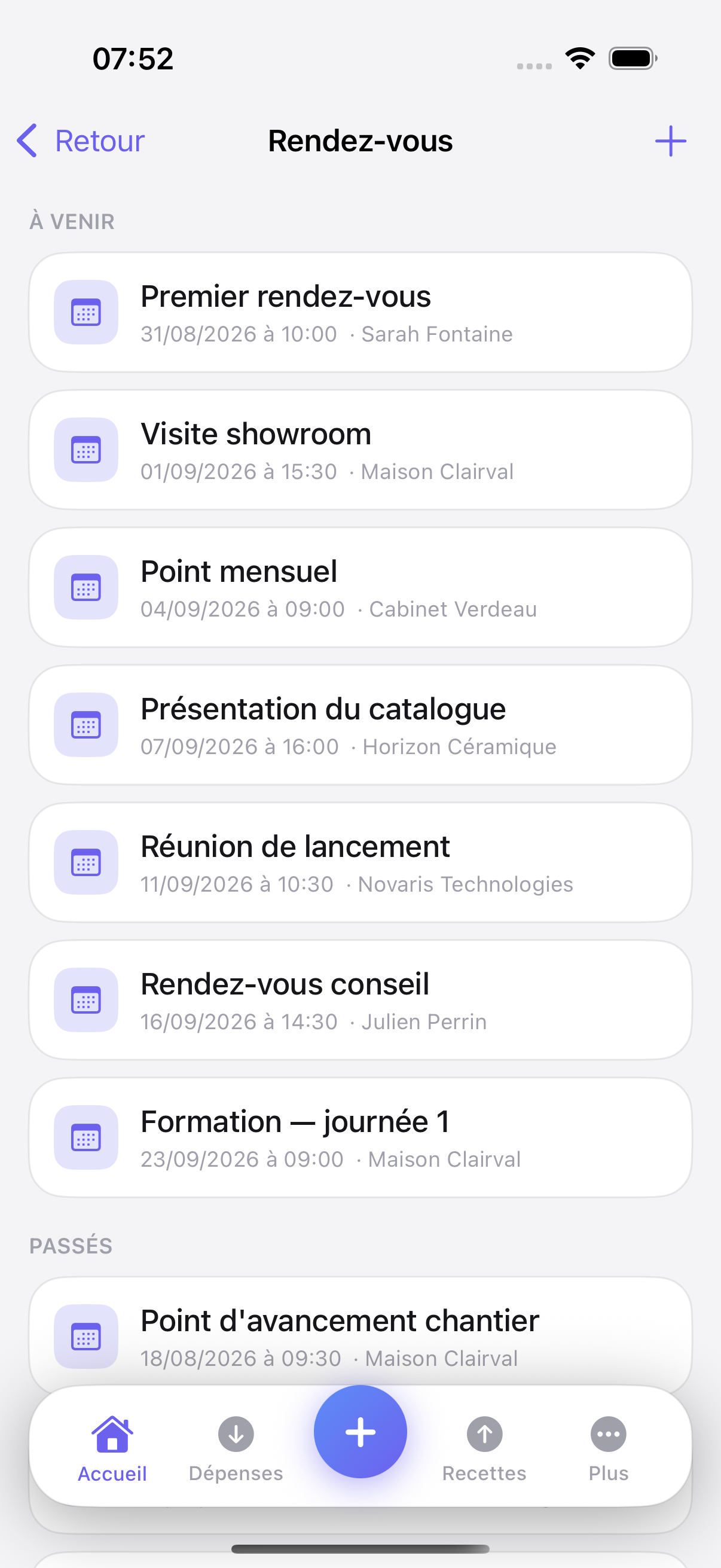 Écran Rendez-vous d’Aumely : rendez-vous à venir et passés, rattachés à chaque client.